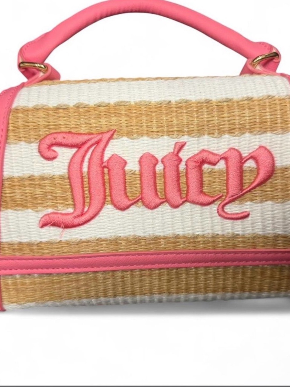 Juicy Couture Pink-Trim Straw Satchel with Embroidered Logo